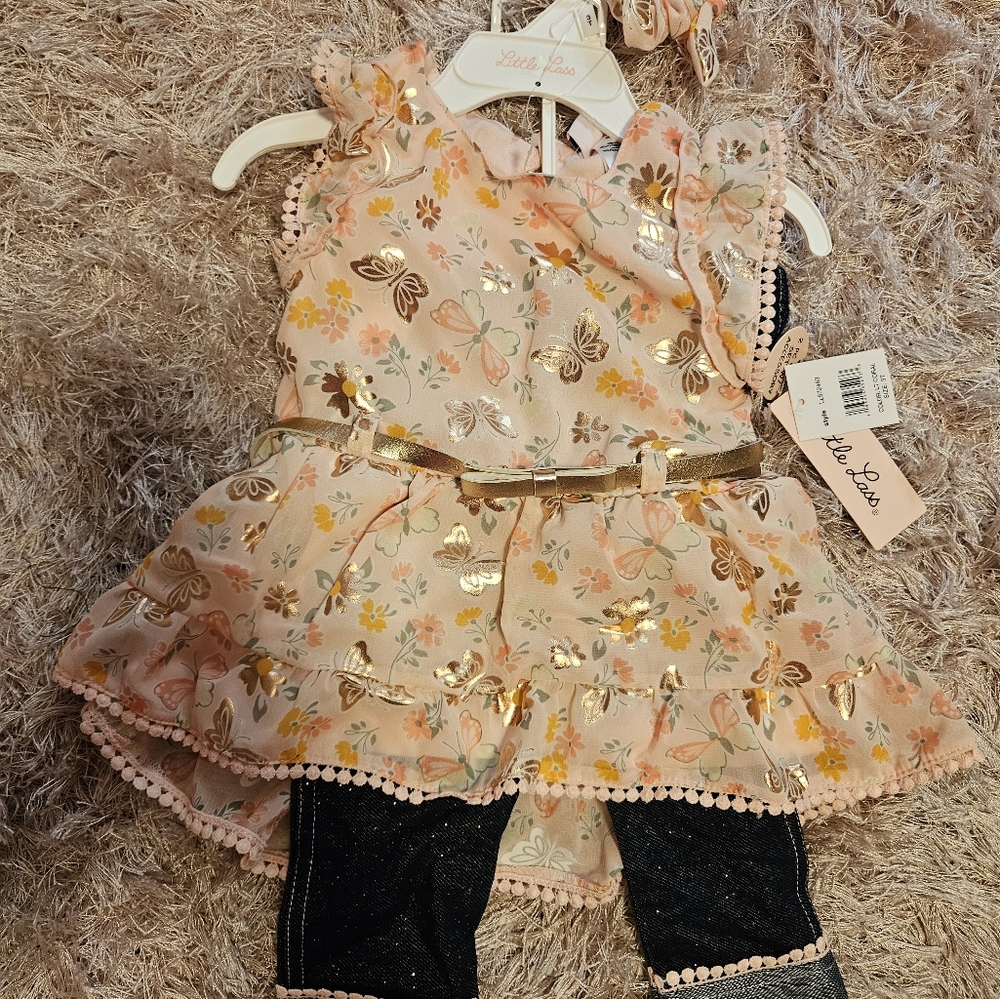 Pink gold belt ruffle butterfly top glitter jeans set
